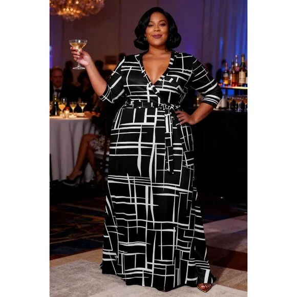 Women's 01-black Polyester Blend Floral 3/4 Sleeve with Belt Elegant Maxi - Picture 5 of 5